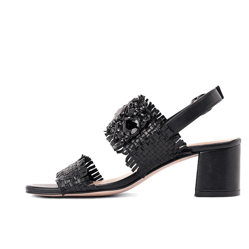 Saint Fabrizia Black Woven Leather Block Heels.