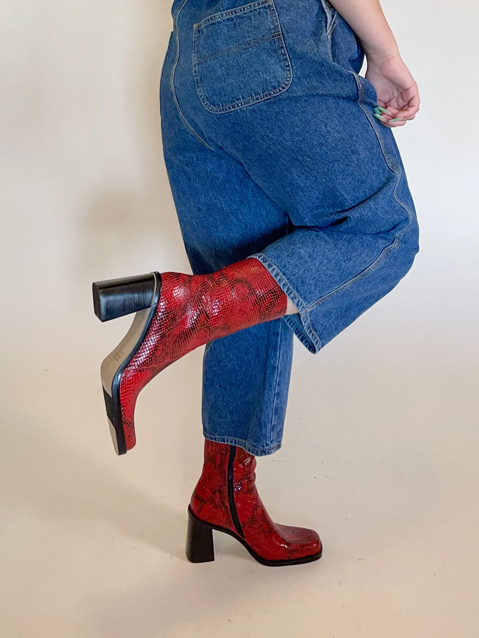 Size 8.5 90s Red Snake Skin Print Genuine Leather Boots