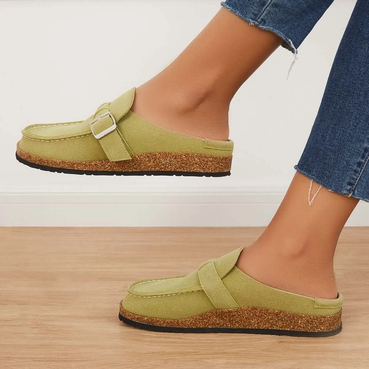 Sohiwoo Women Soft Leather Backless Mules Cork Footbed Slide Shoes