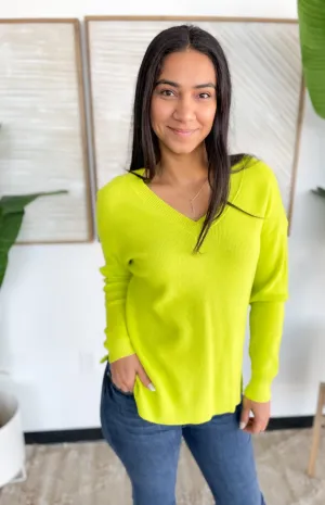 Tiny Waffle Knit V-Neck Long Sleeve Lime Top