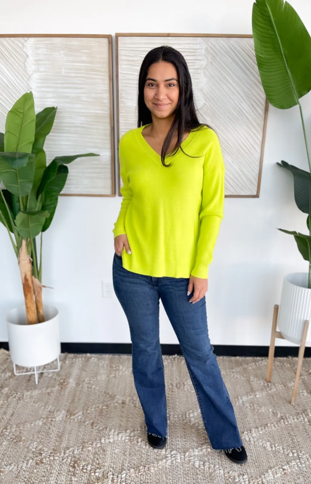 Tiny Waffle Knit V-Neck Long Sleeve Lime Top