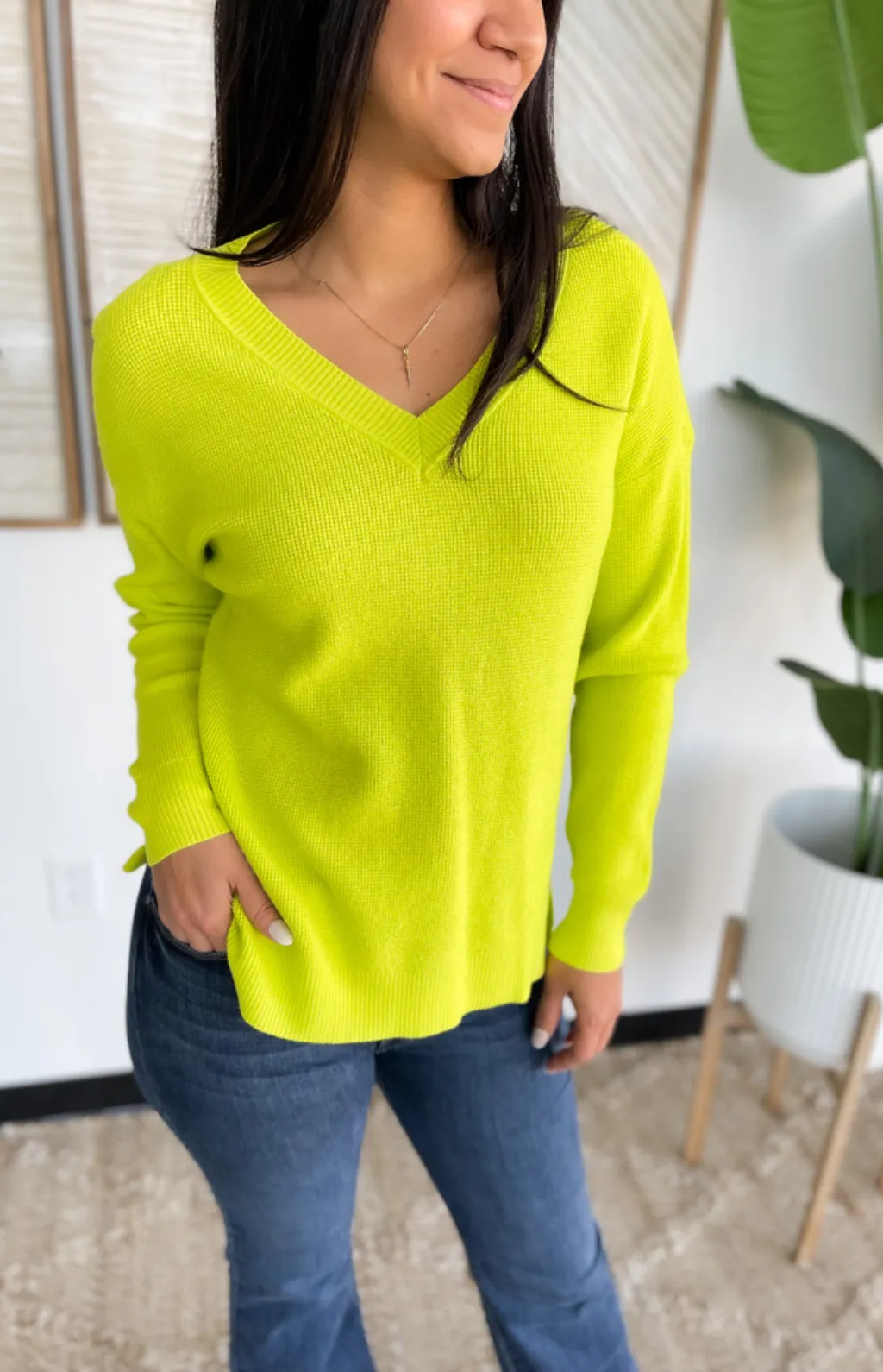Tiny Waffle Knit V-Neck Long Sleeve Lime Top