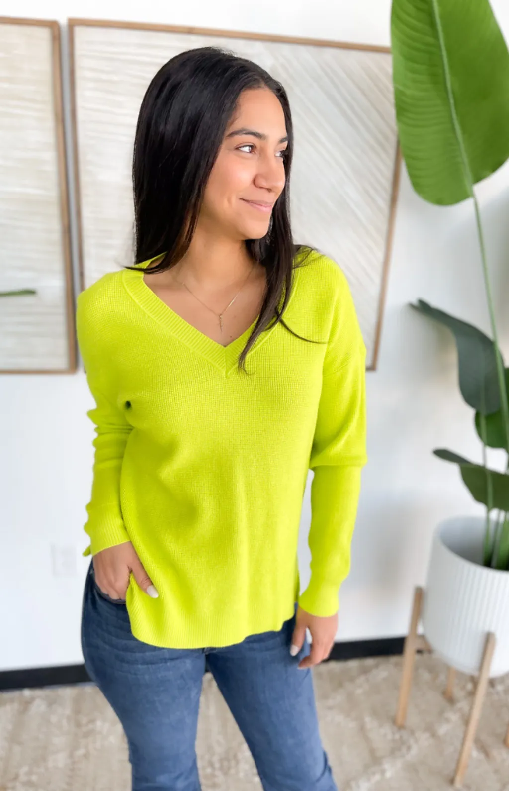 Tiny Waffle Knit V-Neck Long Sleeve Lime Top