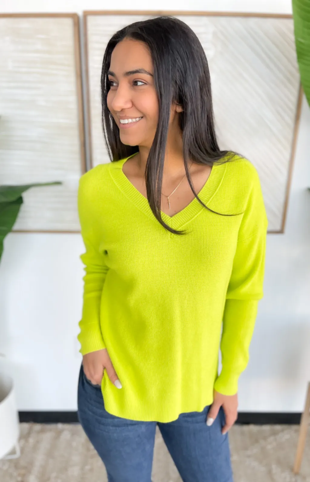 Tiny Waffle Knit V-Neck Long Sleeve Lime Top