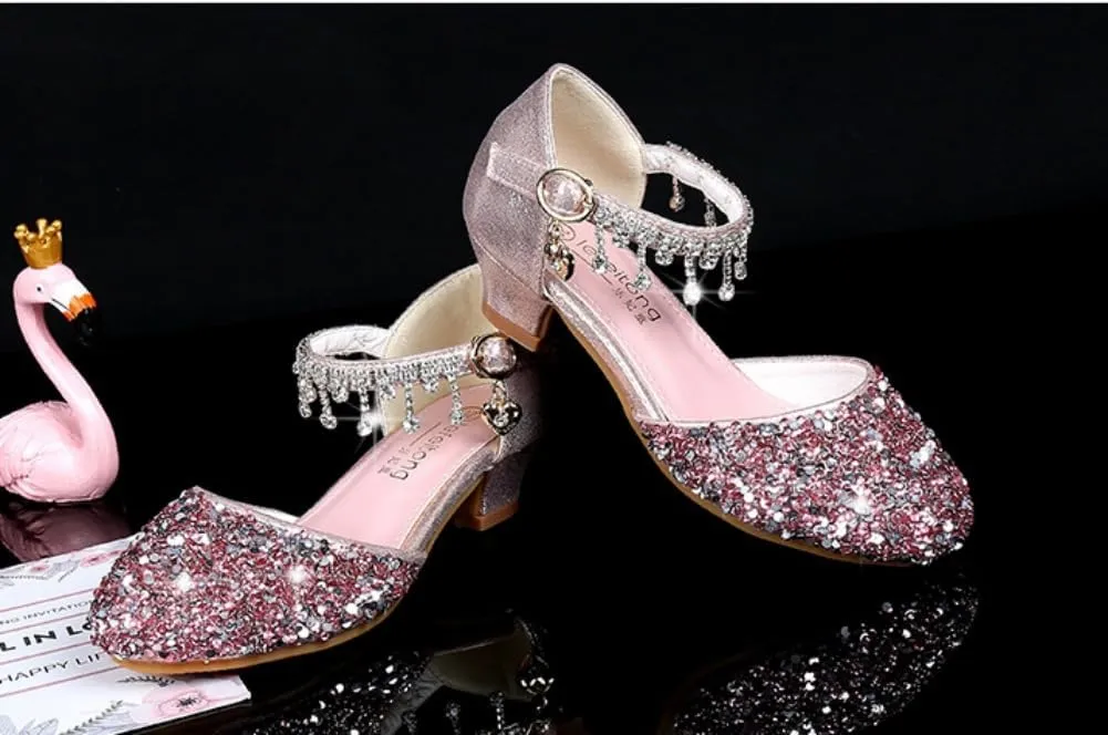 Toddler Girls Princess Dress Shoes Crystal High Heels Closed Toe Party Wedding Flower Girl Pumps Rhinestone Sandals