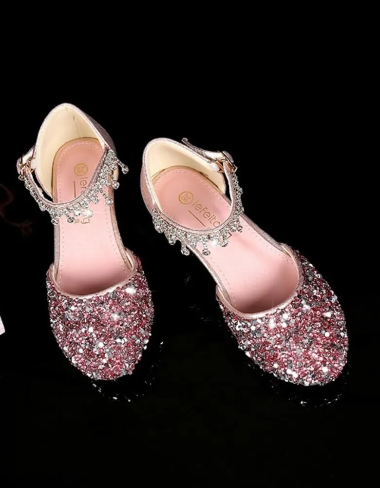 Toddler Girls Princess Dress Shoes Crystal High Heels Closed Toe Party Wedding Flower Girl Pumps Rhinestone Sandals
