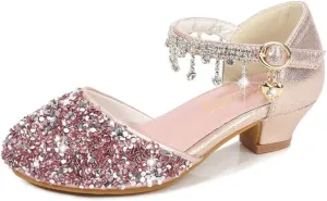 Toddler Girls Princess Dress Shoes Crystal High Heels Closed Toe Party Wedding Flower Girl Pumps Rhinestone Sandals
