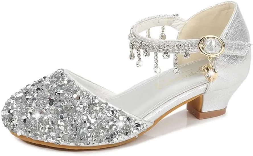 Toddler Girls Princess Dress Shoes Crystal High Heels Closed Toe Party Wedding Flower Girl Pumps Rhinestone Sandals