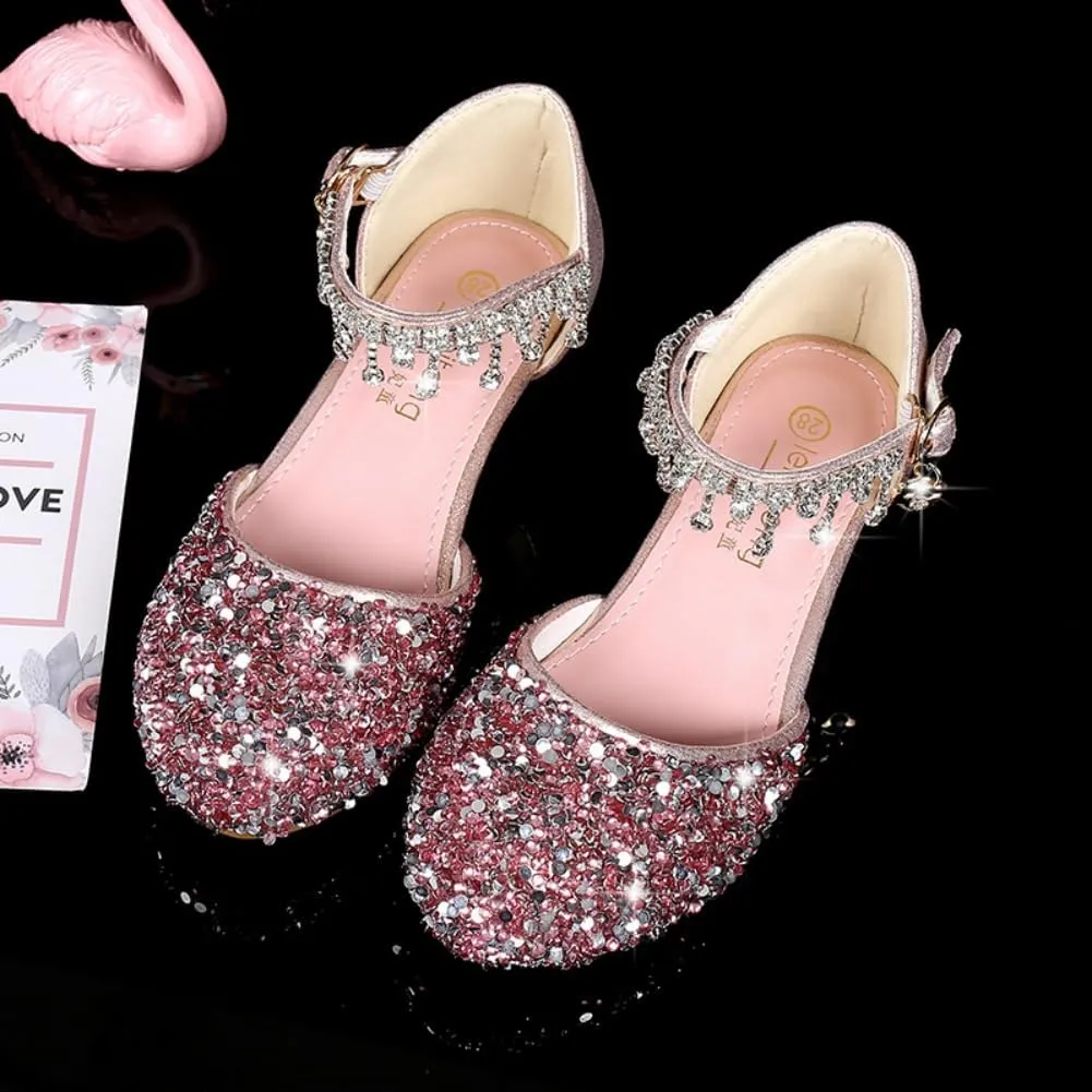 Toddler Girls Princess Dress Shoes Crystal High Heels Closed Toe Party Wedding Flower Girl Pumps Rhinestone Sandals
