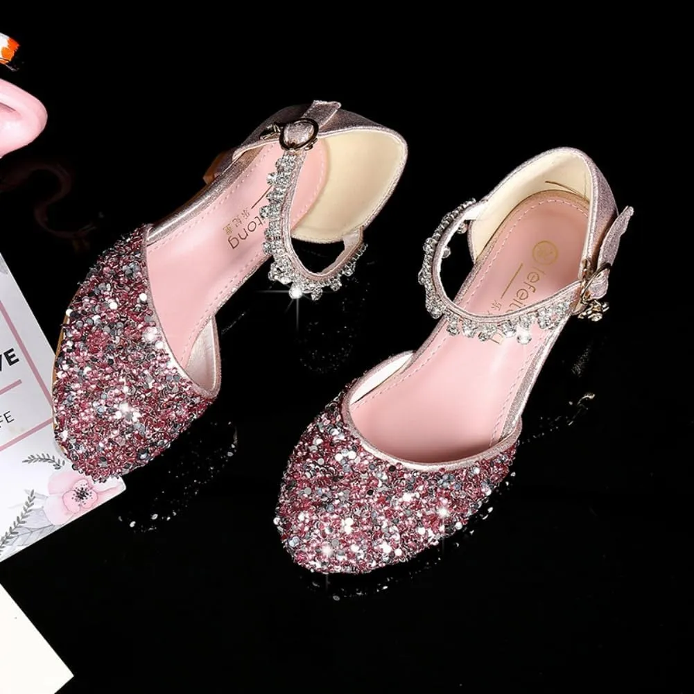 Toddler Girls Princess Dress Shoes Crystal High Heels Closed Toe Party Wedding Flower Girl Pumps Rhinestone Sandals