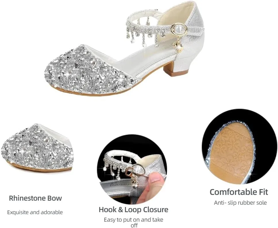 Toddler Girls Princess Dress Shoes Crystal High Heels Closed Toe Party Wedding Flower Girl Pumps Rhinestone Sandals