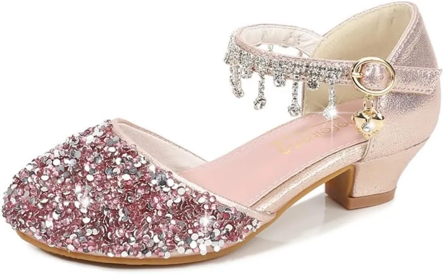 Toddler Girls Princess Dress Shoes Crystal High Heels Closed Toe Party Wedding Flower Girl Pumps Rhinestone Sandals