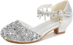 Toddler Girls Princess Dress Shoes Crystal High Heels Closed Toe Party Wedding Flower Girl Pumps Rhinestone Sandals