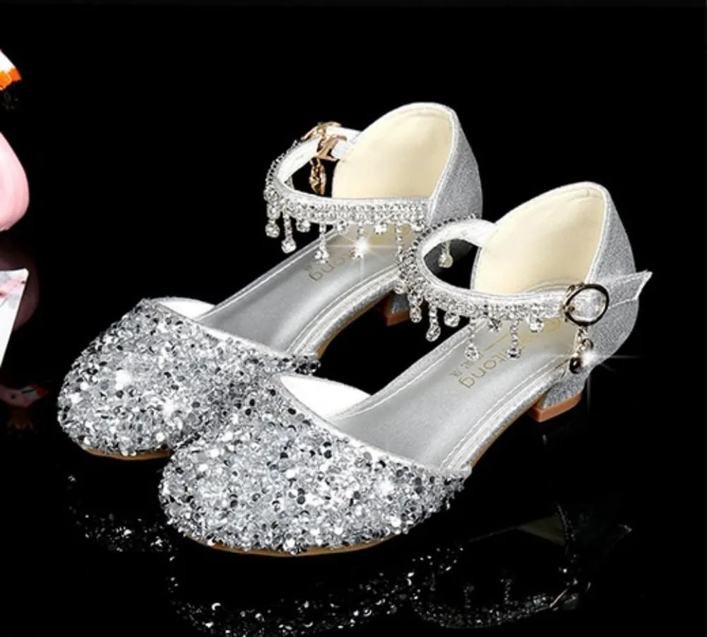 Toddler Girls Princess Dress Shoes Crystal High Heels Closed Toe Party Wedding Flower Girl Pumps Rhinestone Sandals