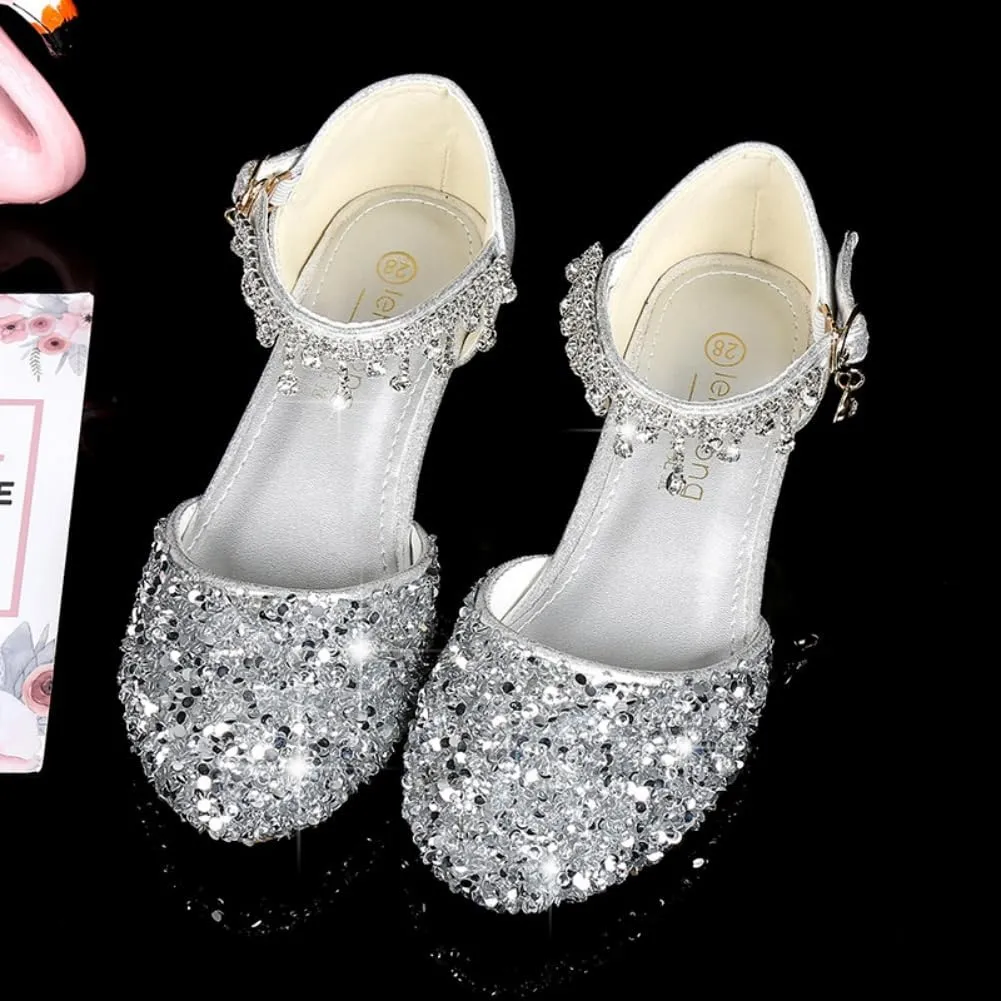 Toddler Girls Princess Dress Shoes Crystal High Heels Closed Toe Party Wedding Flower Girl Pumps Rhinestone Sandals