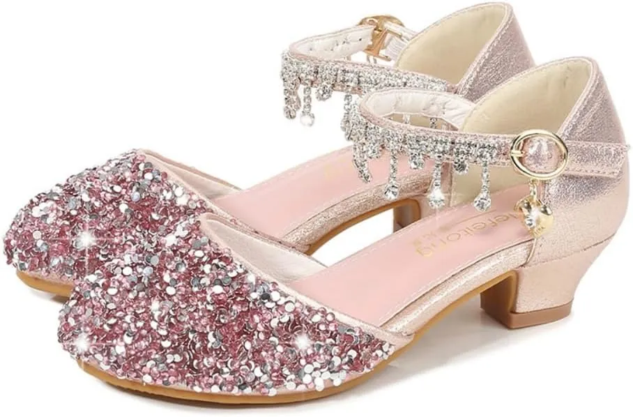 Toddler Girls Princess Dress Shoes Crystal High Heels Closed Toe Party Wedding Flower Girl Pumps Rhinestone Sandals
