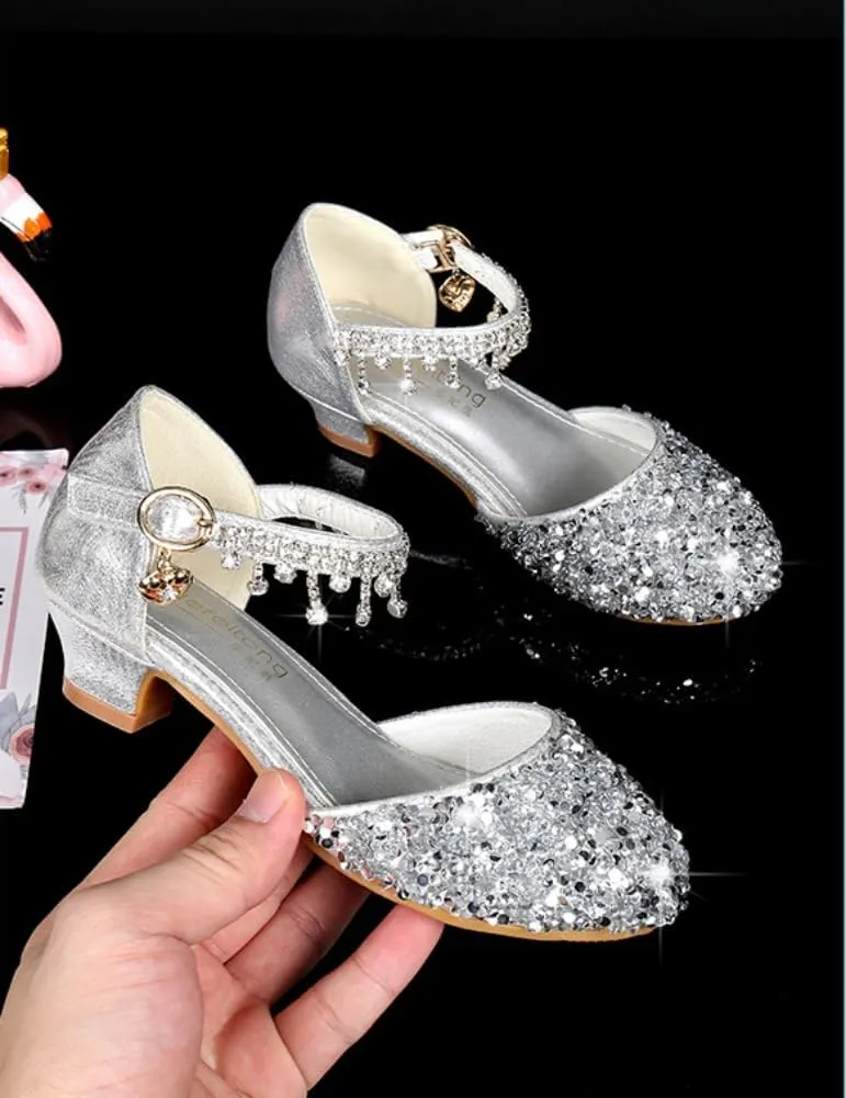 Toddler Girls Princess Dress Shoes Crystal High Heels Closed Toe Party Wedding Flower Girl Pumps Rhinestone Sandals