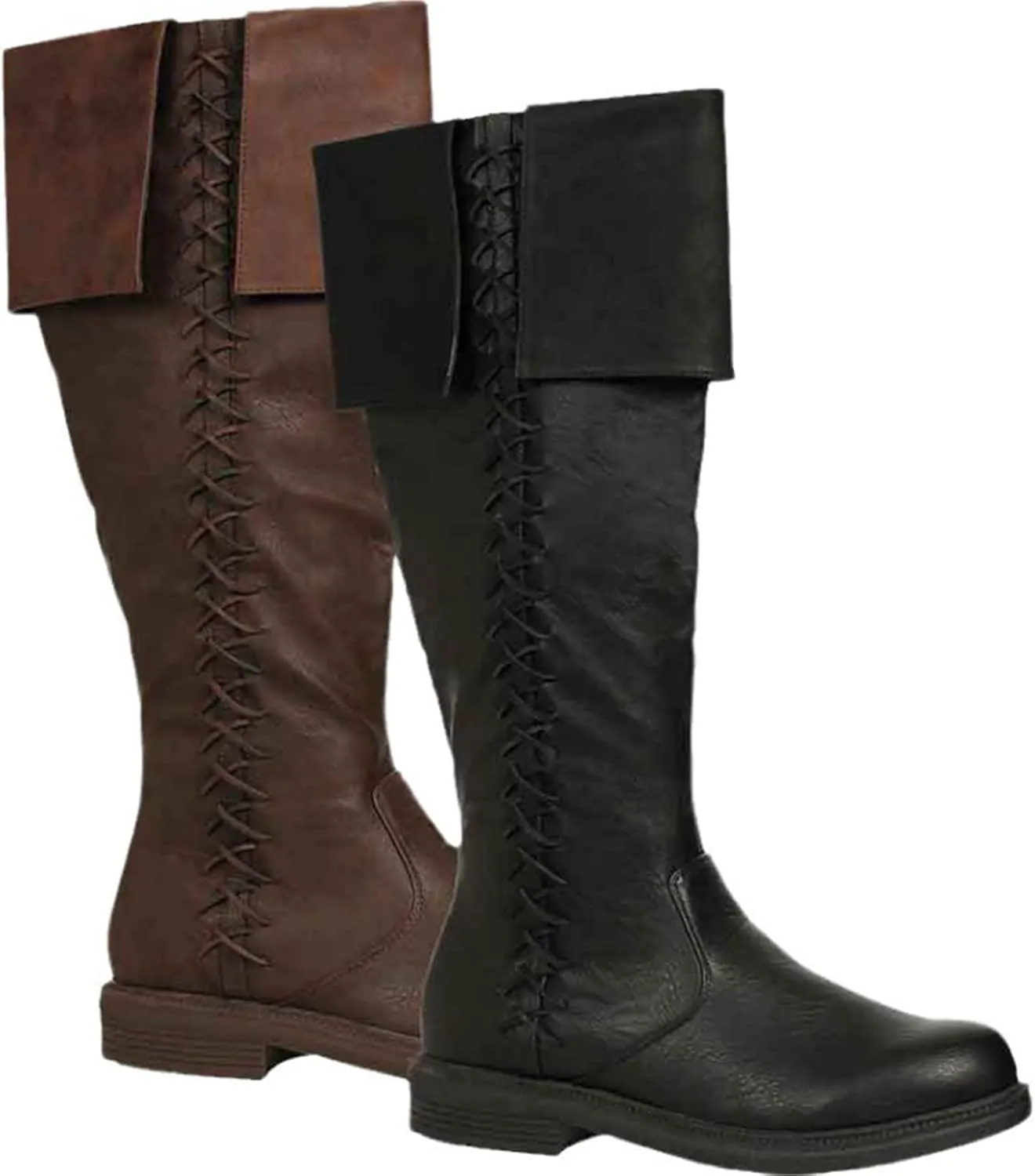 Unisex Renaissance Boot Faux Leather Mid Calf Lace Up Vintage Stage Pirate Viking Tied Shoes Jazz Boot