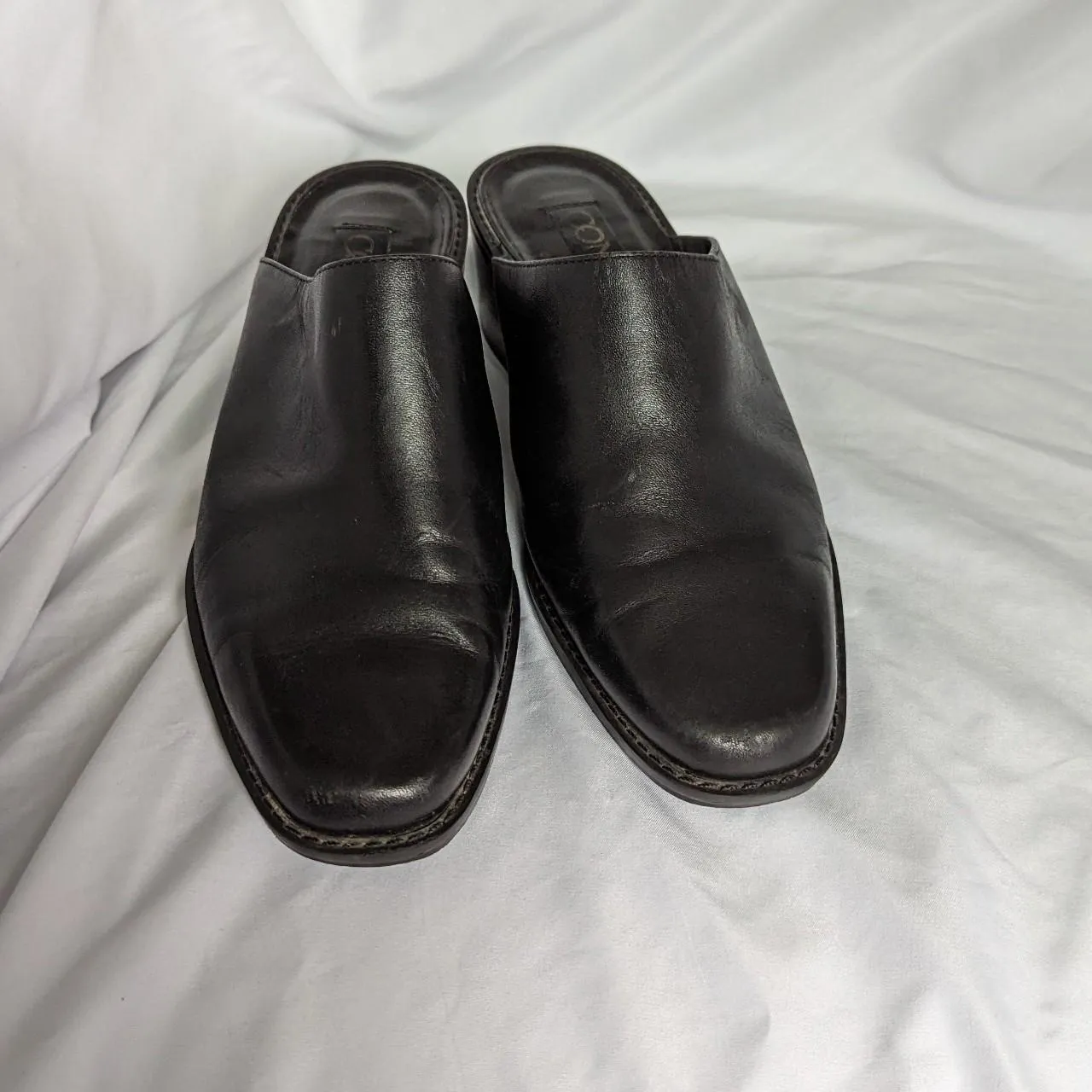 Vintage Connie Black Leather Square Toe Slip On Mules