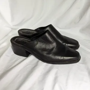 Vintage Connie Black Leather Square Toe Slip On Mules