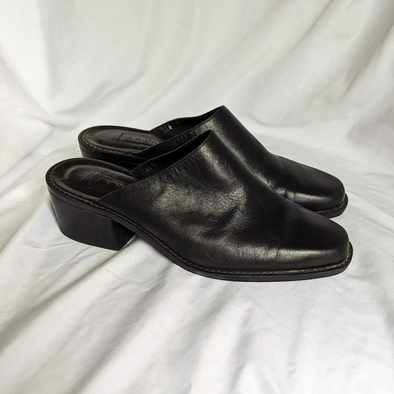 Vintage Connie Black Leather Square Toe Slip On Mules