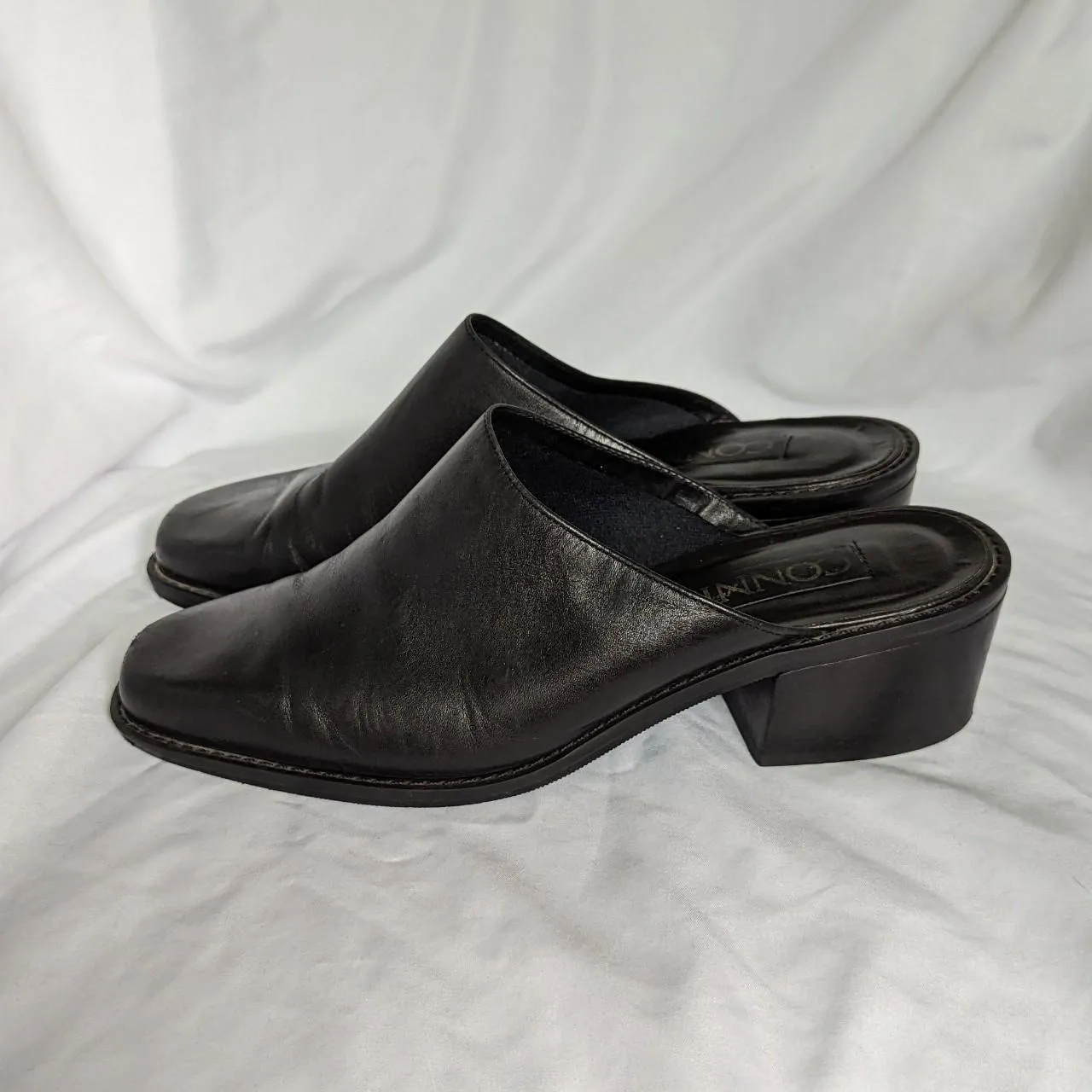 Vintage Connie Black Leather Square Toe Slip On Mules