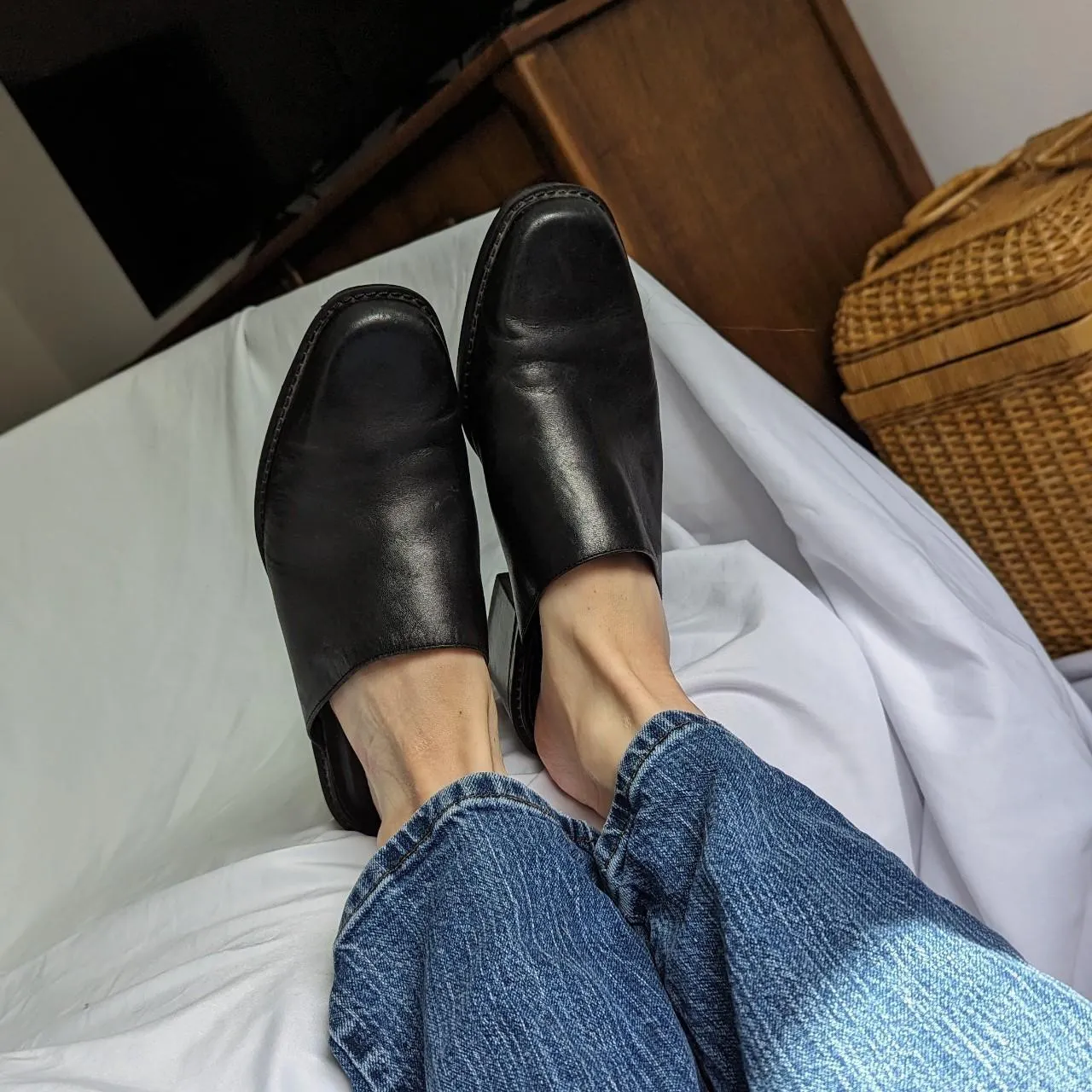 Vintage Connie Black Leather Square Toe Slip On Mules