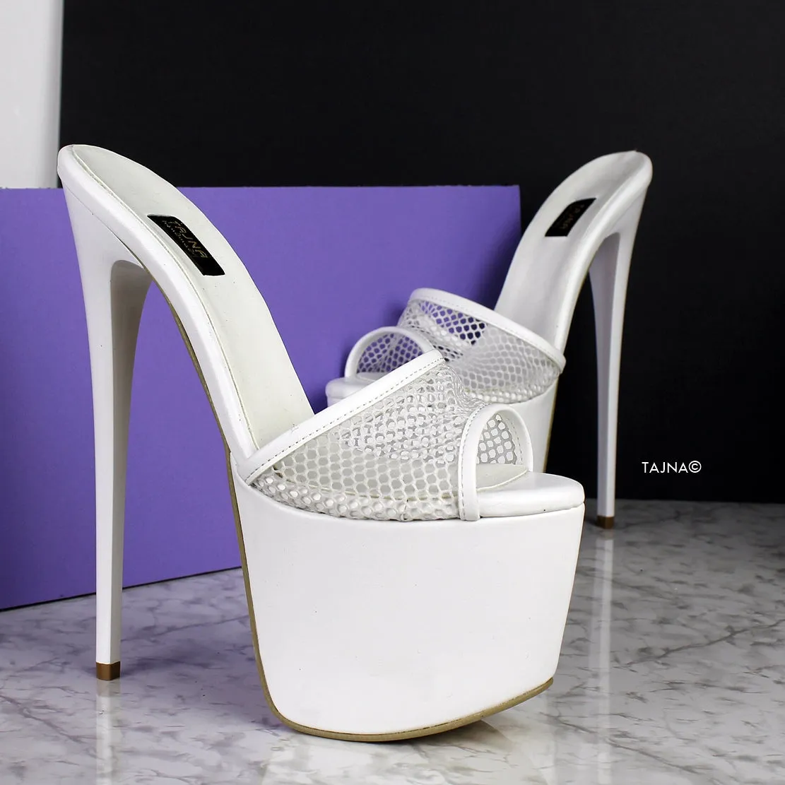 White Fishnet High Heel Mules