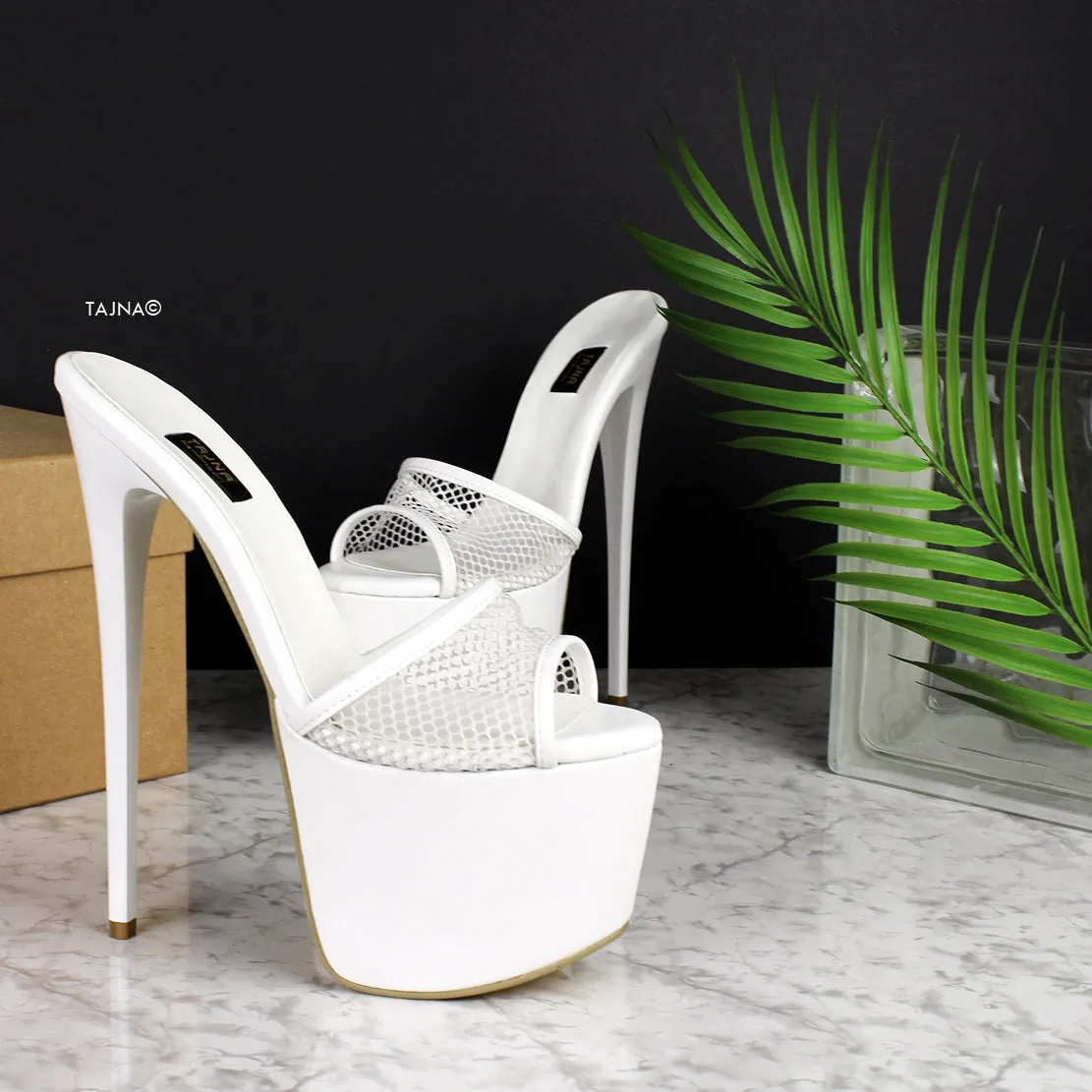 White Fishnet High Heel Mules