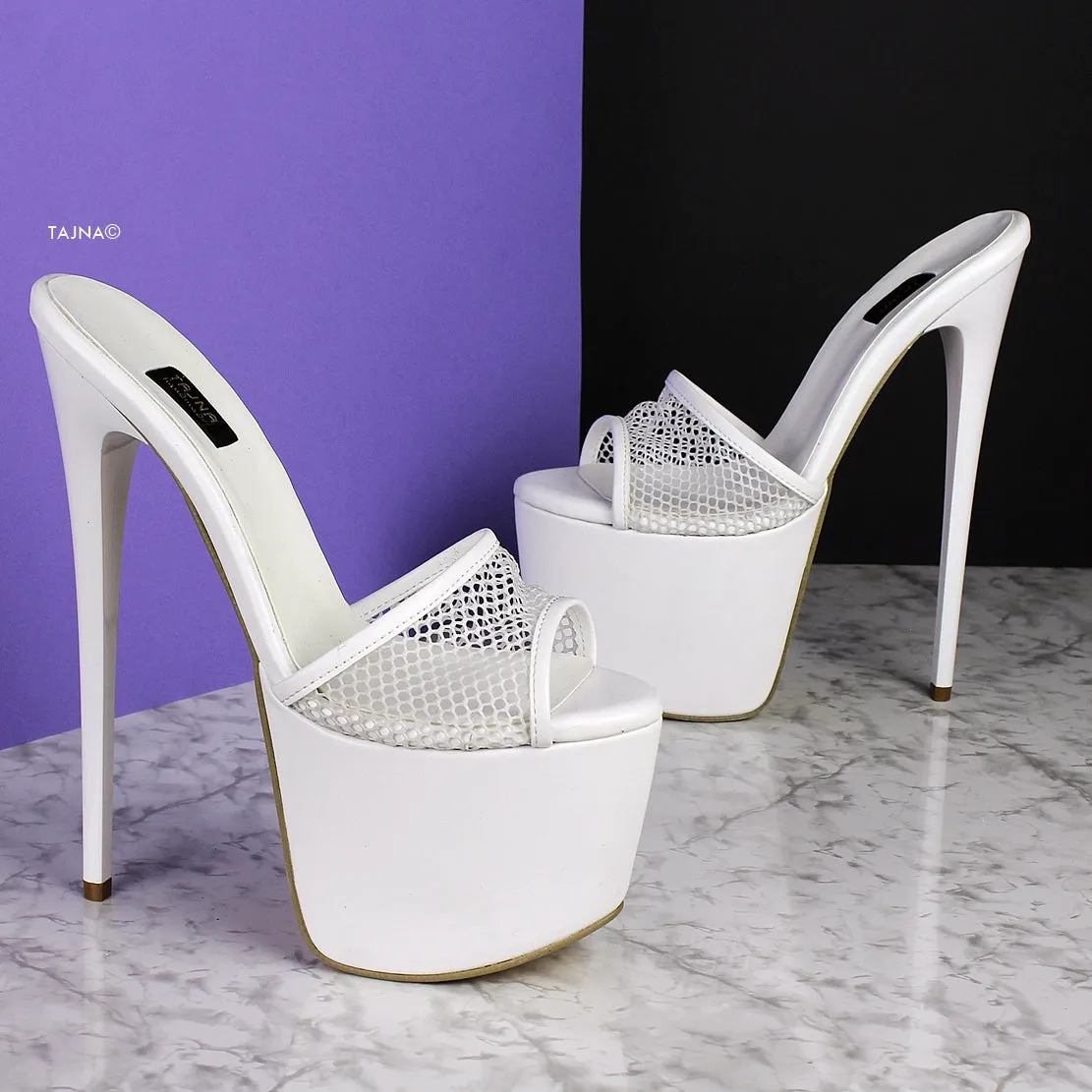 White Fishnet High Heel Mules