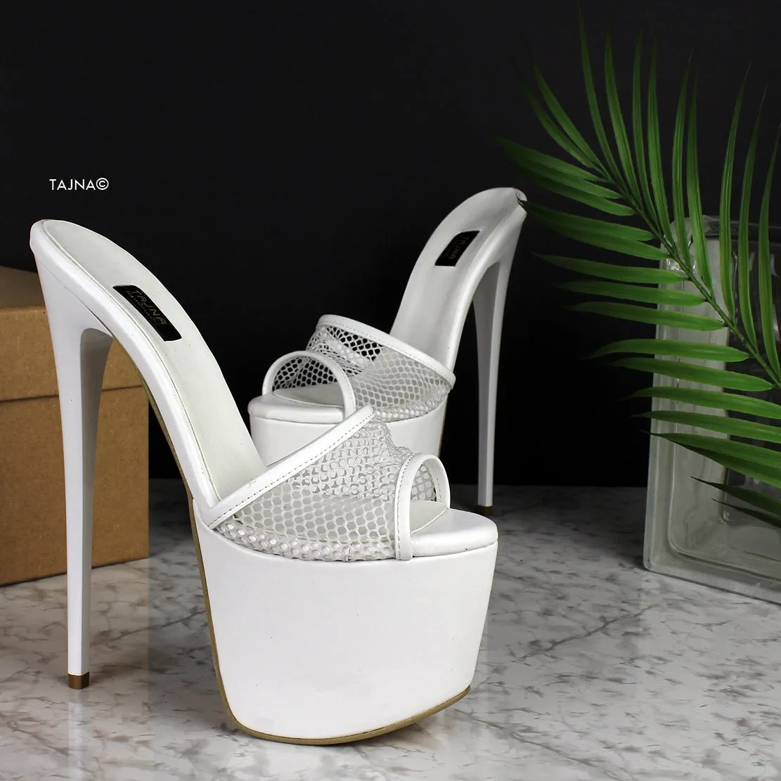 White Fishnet High Heel Mules