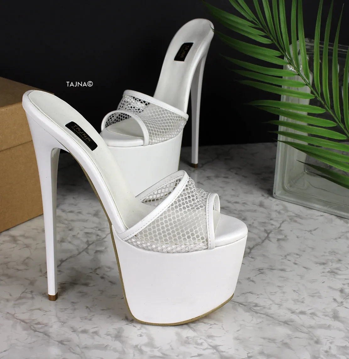 White Fishnet High Heel Mules