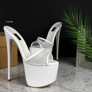 White Fishnet High Heel Mules