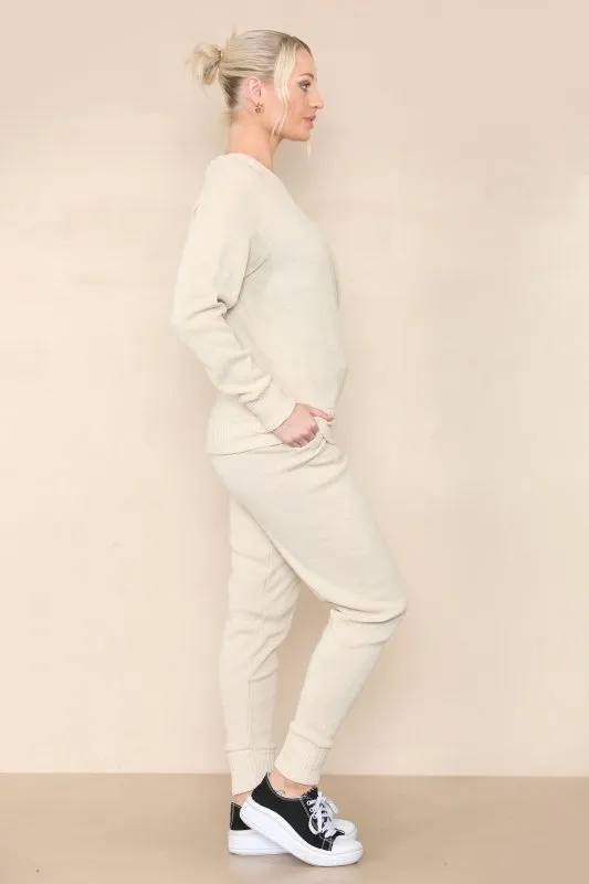 Women Beige Winter Warm Knitted Boat neck Co-Ord Solid Two Piece Loungewear Outfits Set