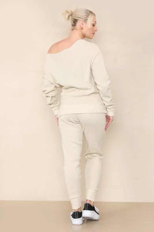 Women Beige Winter Warm Knitted Boat neck Co-Ord Solid Two Piece Loungewear Outfits Set