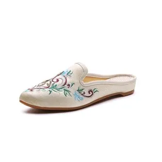 Women Flower Embroidered Velvet Mules Slippers