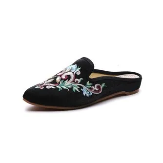 Women Flower Embroidered Velvet Mules Slippers