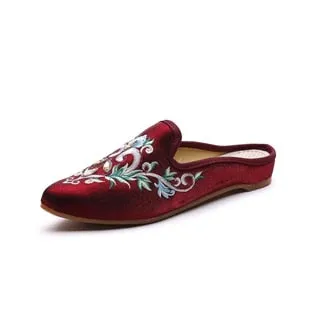 Women Flower Embroidered Velvet Mules Slippers