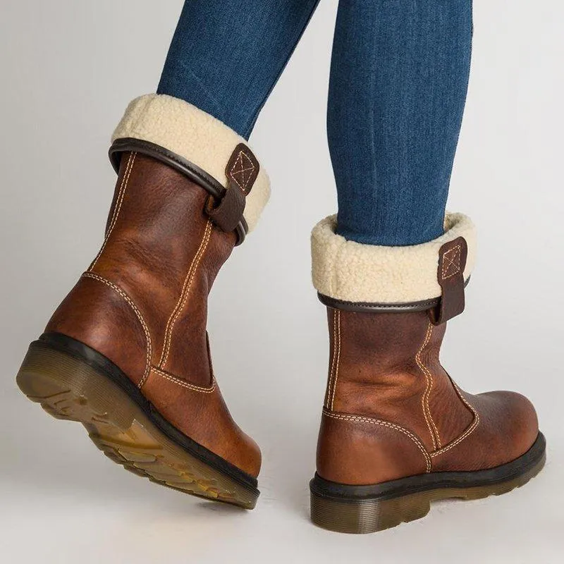 Women's Shoes - Leather Fashion Flip Fur Vintage Booties