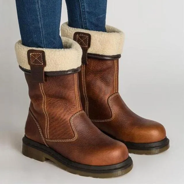 Women's Shoes - Leather Fashion Flip Fur Vintage Booties