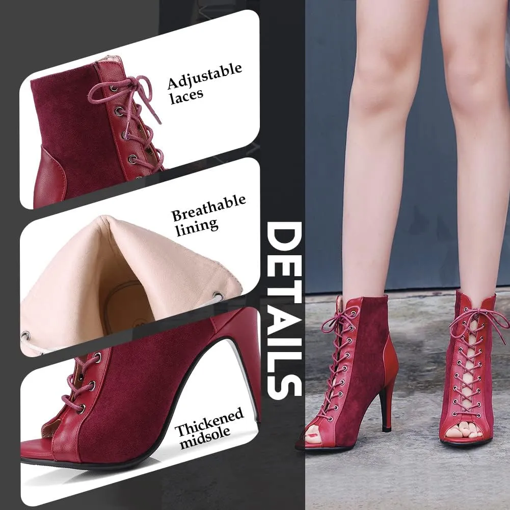 YKXLM Ballroom Dance Boots Women Latin Salsa Peep Toe Lace-up Ankle Dance Shoes