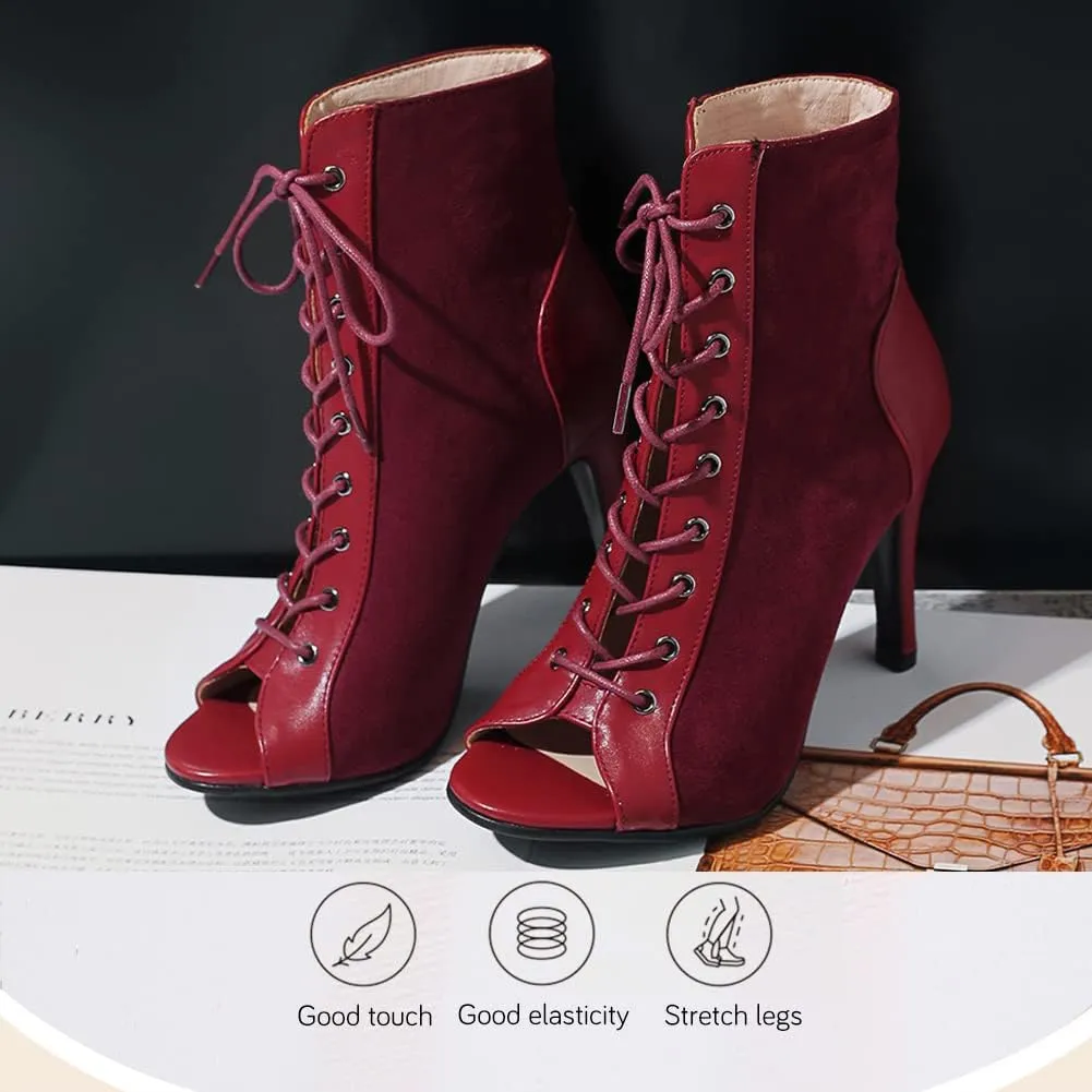 YKXLM Ballroom Dance Boots Women Latin Salsa Peep Toe Lace-up Ankle Dance Shoes