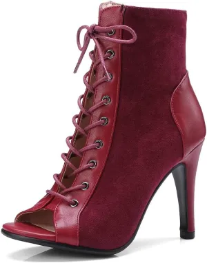 YKXLM Ballroom Dance Boots Women Latin Salsa Peep Toe Lace-up Ankle Dance Shoes