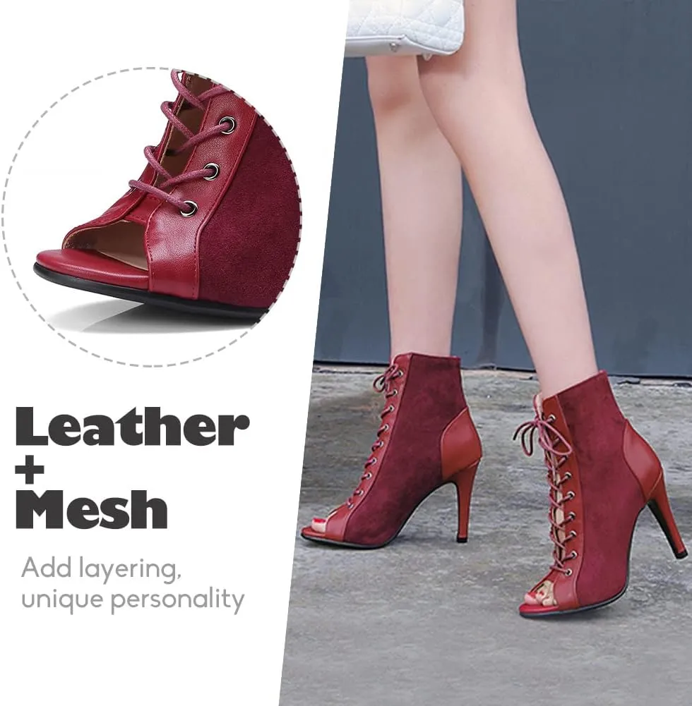 YKXLM Ballroom Dance Boots Women Latin Salsa Peep Toe Lace-up Ankle Dance Shoes