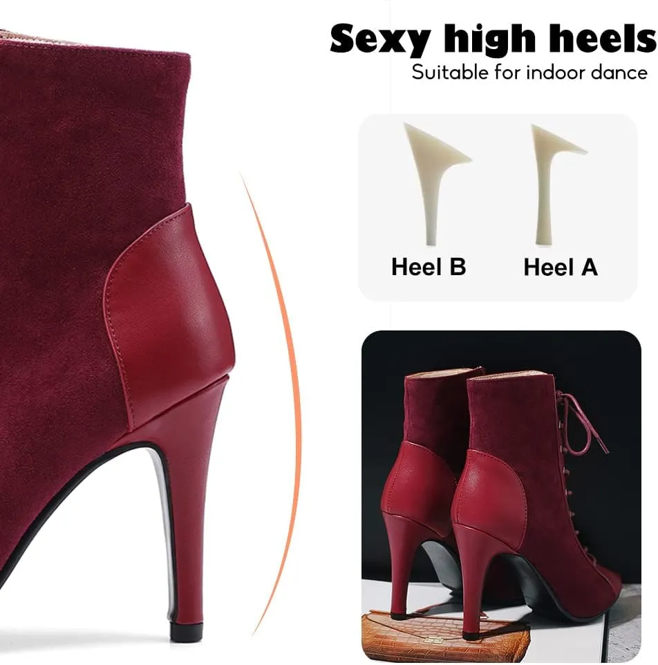 YKXLM Ballroom Dance Boots Women Latin Salsa Peep Toe Lace-up Ankle Dance Shoes