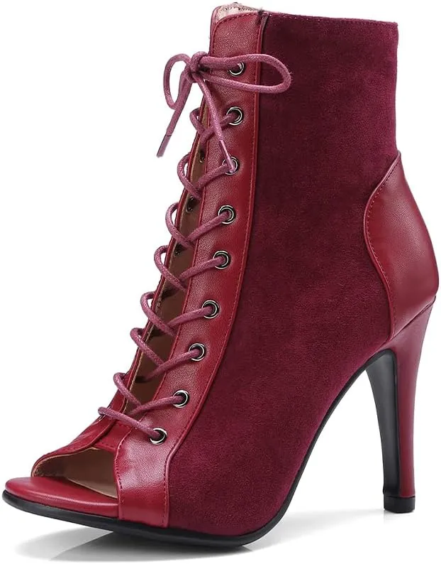 YKXLM Ballroom Dance Boots Women Latin Salsa Peep Toe Lace-up Ankle Dance Shoes