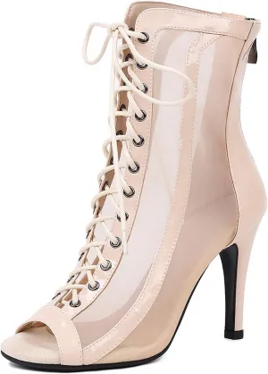 YKXLM Latin Dance Boots Salsa Women Ballroom Lace-up Ankle Open Toe Dance Shoes,953,3 inch Heel,Beige,7 US