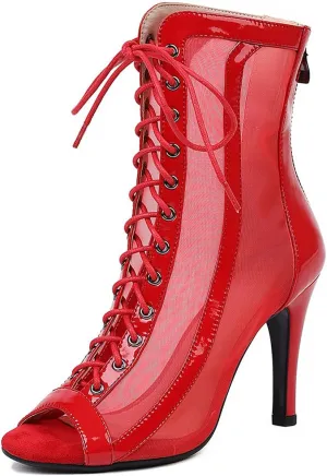 YKXLM Latin Dance Boots Salsa Women Ballroom Lace-up Ankle Open Toe Dance Shoes,953,3 inch Heel,Red,5.5 US