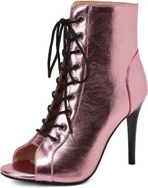 YKXLM Latin Dance Boots Salsa Women Ballroom Lace-up Ankle Open Toe Dance Shoes,9676-1,Pink,7.5US