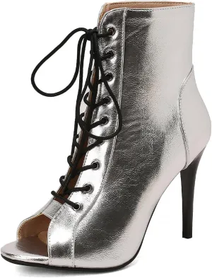 YKXLM Latin Dance Boots Salsa Women Ballroom Lace-up Ankle Open Toe Dance Shoes,9676-1,Silver,5.5US